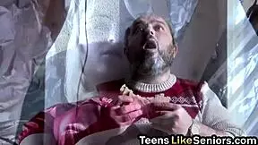 Blonde teen takes old guy's small dick in pussy with blowjob