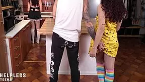 Maid indulges in masturbation as daddy fucks her in the kitchen with ripped clothes