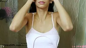 cute teen brunette showers with daddy pov 😘