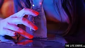 Hey, check out her fucking that tight asshole with a huge ice dildo up close