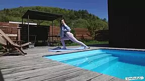 I Was Doing Morning Yoga By The Pool When My Neighbor Spied On Me And Joined In, But I Think He Meant To Say Somethin Else.