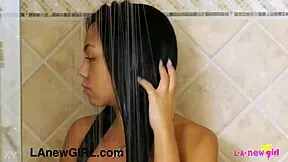 Elegant brunette model says, 'I'm freshened up for the casting interview,' as she gets a sensual massage on the sofa