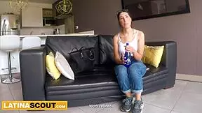 hot latina model sucks big white cock after seductive massage in casting.