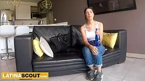 hot latina model sucks big white cock after seductive massage in casting.