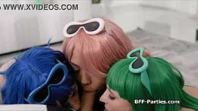 rangers in costumes having fun sharing toys and dildos