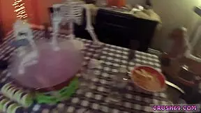 Is this taboo teen swallowing for her not sister's Halloween fun?