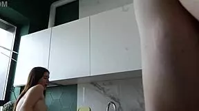 Using her tight pussy hole in the kitchen for a creampie