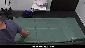 busty babe says, 'doctor, check my tits and cock' in threesome