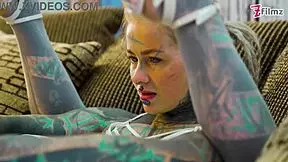 tattooed babe plays solo with huge anal dildo