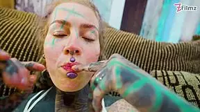 tattooed babe plays solo with huge anal dildo