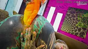 tattooed babe plays solo with huge anal dildo