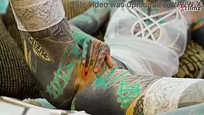 tattooed babe plays solo with huge anal dildo