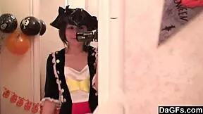 Look at this sexy pirate girl stripping her small tits for the cam!