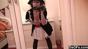 Look at this sexy pirate girl stripping her small tits for the cam!