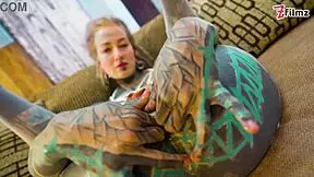 tattooed babe plays solo with huge anal dildo