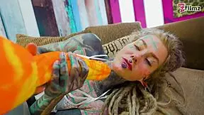 tattooed babe plays solo with huge anal dildo