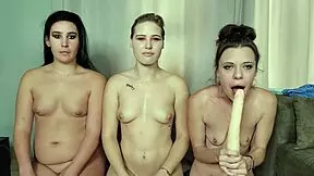 Three gag whores deepthroat the dildo until they gag and give blowjobs, feeling so kinky