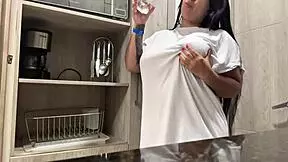 juicy masturbation in the hotel kitchen with big natural tits