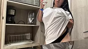 juicy masturbation in the hotel kitchen with big natural tits