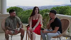 Curvy redhead babe sucks and fucks two young studs