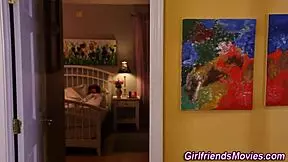 brunette teen eating muff in lesbian oral scene