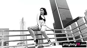 Skye blue strips, revealing natural tits