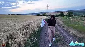 Brunette Exhibitionist Performs Blowjob In Wheat Field