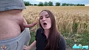 Brunette Exhibitionist Performs Blowjob In Wheat Field