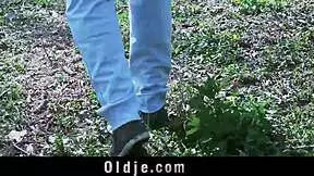 odd older guy smashes horny teen in garden with blowjob and cumshot