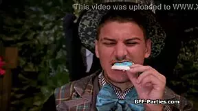 tea party with teens in wonderland costumes turns into a hardcore foursome with blowjobs and monster cocks.