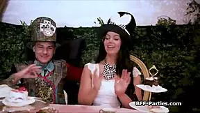 tea party with teens in wonderland costumes turns into a hardcore foursome with blowjobs and monster cocks.