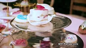 tea party with teens in wonderland costumes turns into a hardcore foursome with blowjobs and monster cocks.