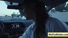 Sexy Asian hottie Tomie Tang plays with big natural boobs in car with friend Charles Dera