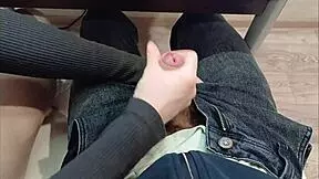 Young Student Jerks Off Classmate's Cock Right During Lecture At Desk