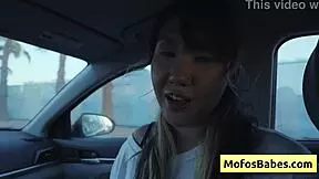 Sexy Asian hottie Tomie Tang plays with big natural boobs in car with friend Charles Dera