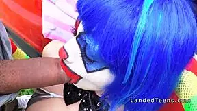 Dude, teen clown costume banging outdoors to cumshot!