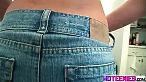 Brooksskye rubs her pussy through jeans then strips to show tits