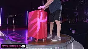 Nikki Nicole teases with small tits, bent over in heels, milking client's fat cock.