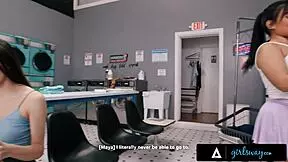 bored girlfriends maya woulfe and summer col have wild lesbian sex at the laundromat, muff diving and fingering