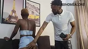 delivery girl in mini skirt and shorts brings package, jeans tight on her