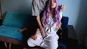 i'm so excited as the cute purple-haired teen sucks my big cock