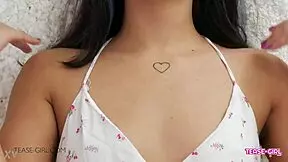 Petite teen shows body, swallows cum on sofa