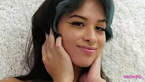 Petite teen shows body, swallows cum on sofa