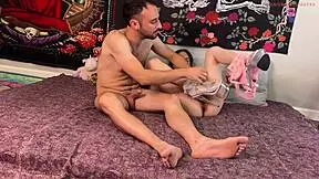 The petite hippie stripper massages me, then performs deepthroat and ass licking before sex.