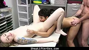 teen avoids reprimand by agreeing to blow in garage threesome 😈. burglar punishes roughly.