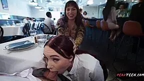 sneaky waitress fucks hard in restaurant we get caught