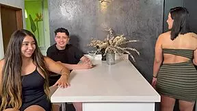 Curvy Mexican housewife shares threesome with Colombian MILF friend and nerd step-son, swallowing their cum