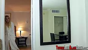 blonde teen 18+ gives footjob and sucks monster cock, interracial blowjob with big black dick