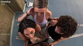 rooftop blowjob with double ball licking and outdoor 3some.