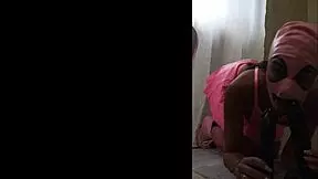 Petite 18+ brunette milf in fishnets and lingerie enjoys 2 big dildos in all holes